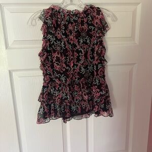 Kate Spade 100% Silk Black Floral Print Ruffled Top Size XS Special occasion